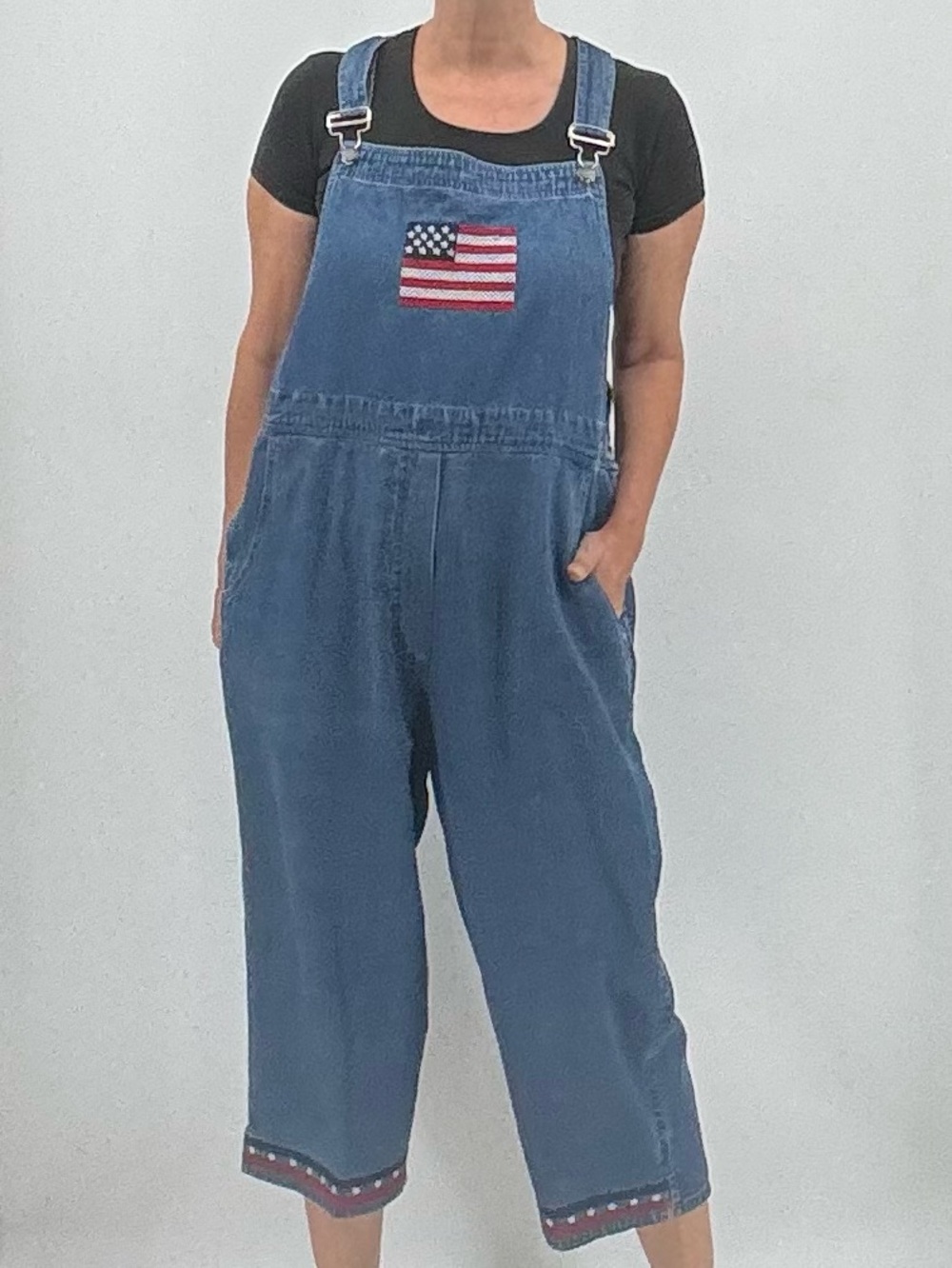 Vintage 90s Americana Patriotic Embroidered American Flag Western Denim Overalls